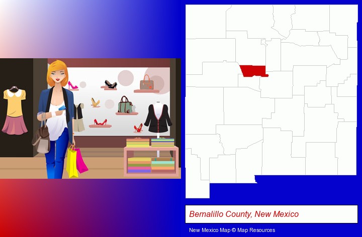 a woman shopping in a clothing store; Bernalillo County, New Mexico highlighted in red on a map