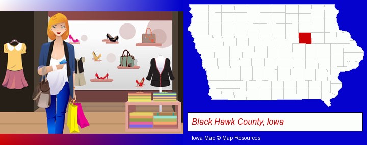 a woman shopping in a clothing store; Black Hawk County, Iowa highlighted in red on a map