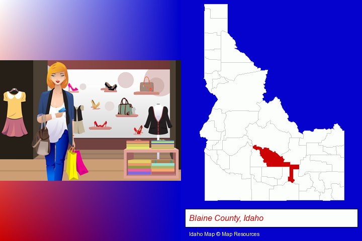 a woman shopping in a clothing store; Blaine County, Idaho highlighted in red on a map