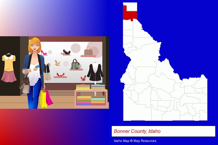 a woman shopping in a clothing store; Bonner County, Idaho highlighted in red on a map
