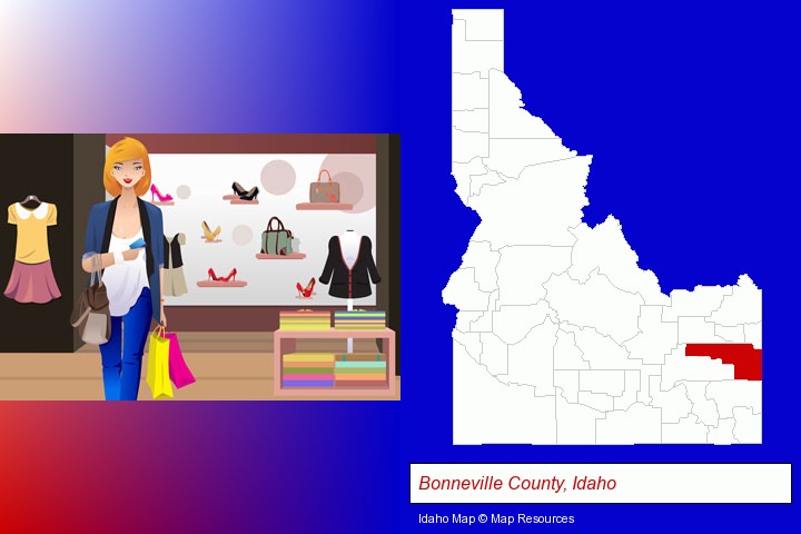 a woman shopping in a clothing store; Bonneville County, Idaho highlighted in red on a map