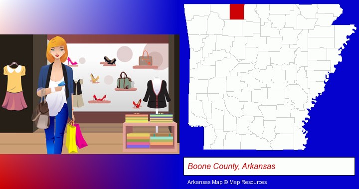 a woman shopping in a clothing store; Boone County, Arkansas highlighted in red on a map
