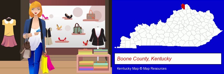 a woman shopping in a clothing store; Boone County, Kentucky highlighted in red on a map