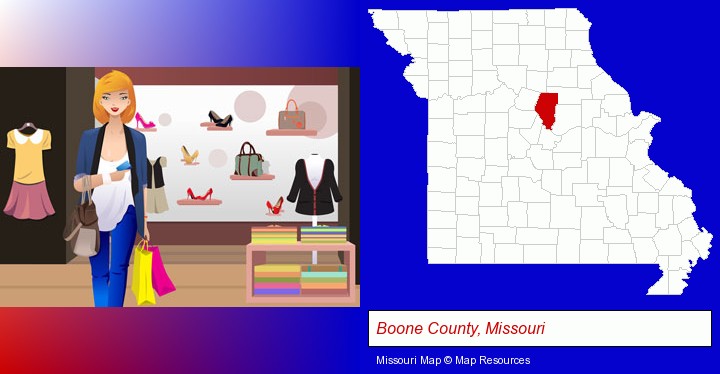a woman shopping in a clothing store; Boone County, Missouri highlighted in red on a map
