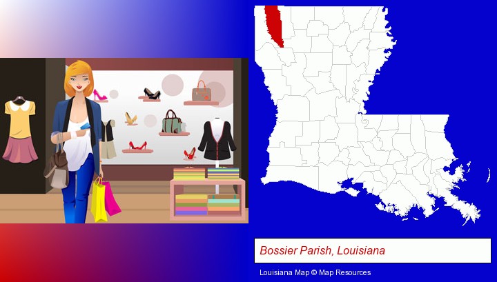 a woman shopping in a clothing store; Bossier Parish, Louisiana highlighted in red on a map