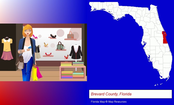 a woman shopping in a clothing store; Brevard County, Florida highlighted in red on a map
