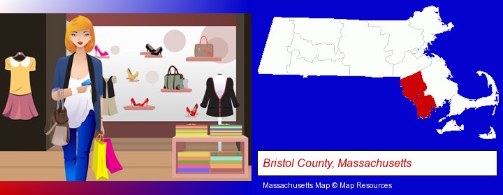 a woman shopping in a clothing store; Bristol County, Massachusetts highlighted in red on a map