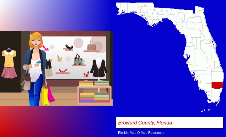 a woman shopping in a clothing store; Broward County, Florida highlighted in red on a map