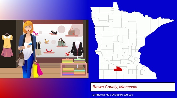a woman shopping in a clothing store; Brown County, Minnesota highlighted in red on a map
