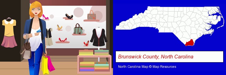 a woman shopping in a clothing store; Brunswick County, North Carolina highlighted in red on a map