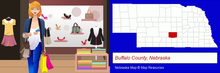 a woman shopping in a clothing store; Buffalo County, Nebraska highlighted in red on a map