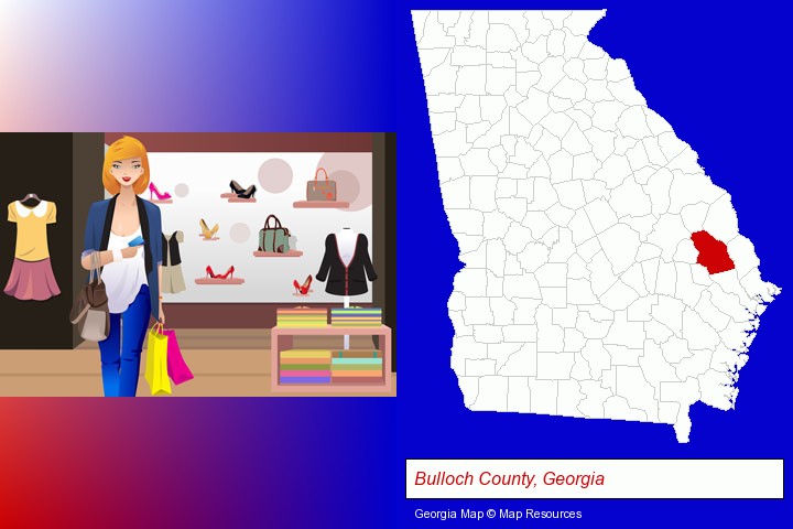 a woman shopping in a clothing store; Bulloch County, Georgia highlighted in red on a map