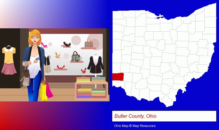 a woman shopping in a clothing store; Butler County, Ohio highlighted in red on a map
