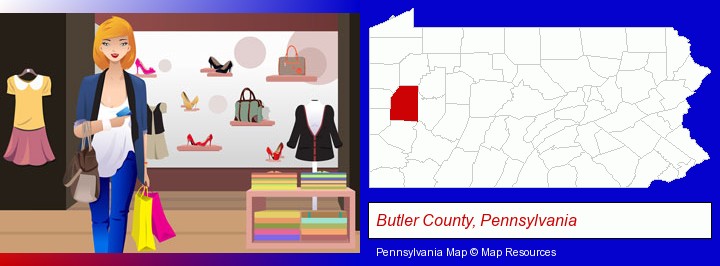 a woman shopping in a clothing store; Butler County, Pennsylvania highlighted in red on a map