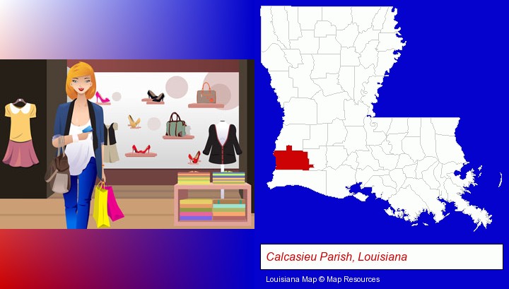 a woman shopping in a clothing store; Calcasieu Parish, Louisiana highlighted in red on a map