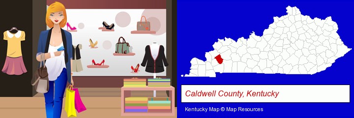 a woman shopping in a clothing store; Caldwell County, Kentucky highlighted in red on a map