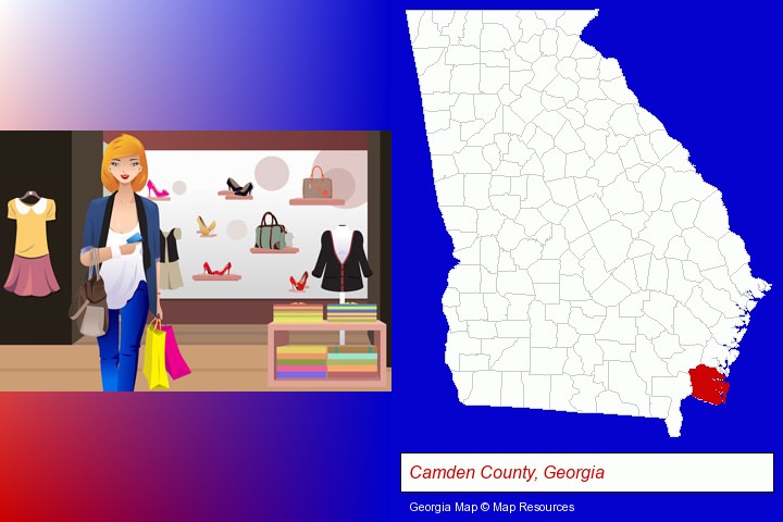 a woman shopping in a clothing store; Camden County, Georgia highlighted in red on a map
