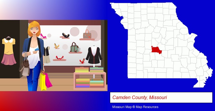 a woman shopping in a clothing store; Camden County, Missouri highlighted in red on a map
