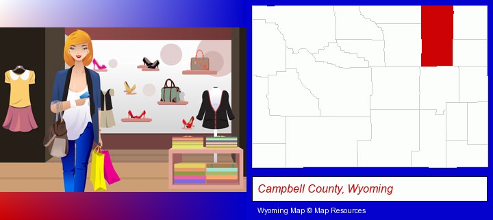 a woman shopping in a clothing store; Campbell County, Wyoming highlighted in red on a map