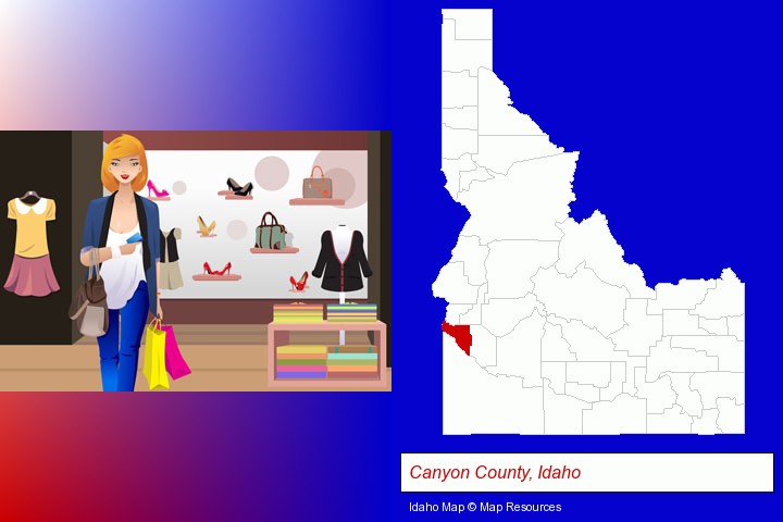 a woman shopping in a clothing store; Canyon County, Idaho highlighted in red on a map