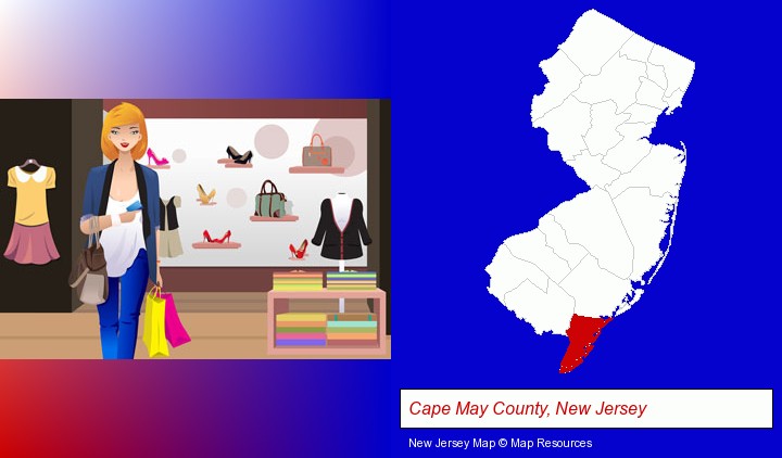 a woman shopping in a clothing store; Cape May County, New Jersey highlighted in red on a map