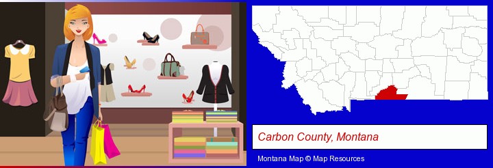 a woman shopping in a clothing store; Carbon County, Montana highlighted in red on a map