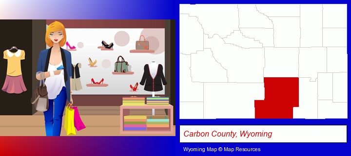 a woman shopping in a clothing store; Carbon County, Wyoming highlighted in red on a map