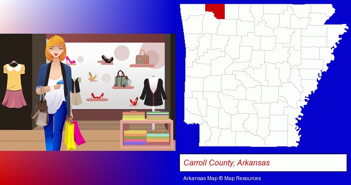 a woman shopping in a clothing store; Carroll County, Arkansas highlighted in red on a map