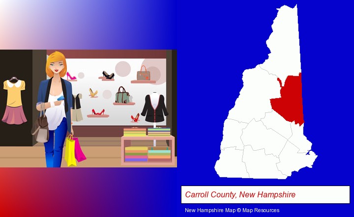 a woman shopping in a clothing store; Carroll County, New Hampshire highlighted in red on a map
