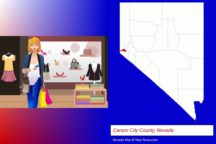 a woman shopping in a clothing store; Carson City County, Nevada highlighted in red on a map