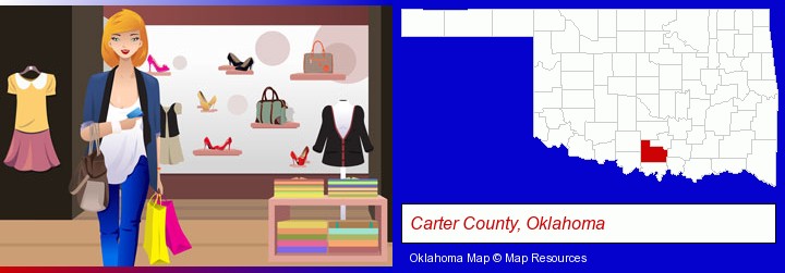 a woman shopping in a clothing store; Carter County, Oklahoma highlighted in red on a map
