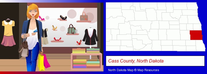 a woman shopping in a clothing store; Cass County, North Dakota highlighted in red on a map