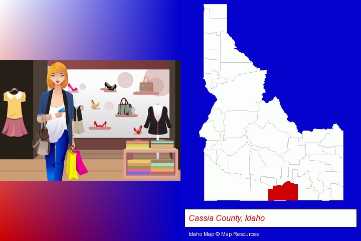a woman shopping in a clothing store; Cassia County, Idaho highlighted in red on a map