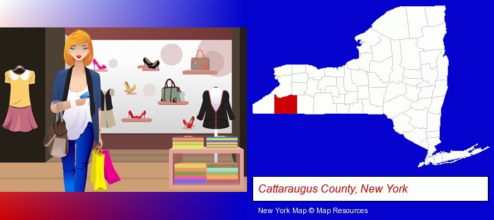 a woman shopping in a clothing store; Cattaraugus County, New York highlighted in red on a map
