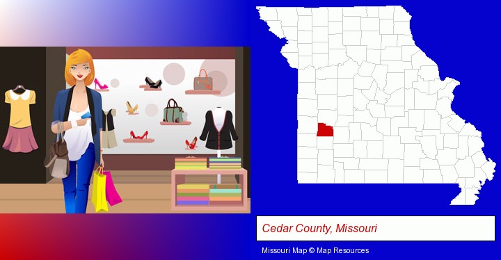 a woman shopping in a clothing store; Cedar County, Missouri highlighted in red on a map