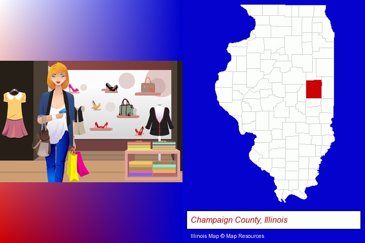 a woman shopping in a clothing store; Champaign County, Illinois highlighted in red on a map