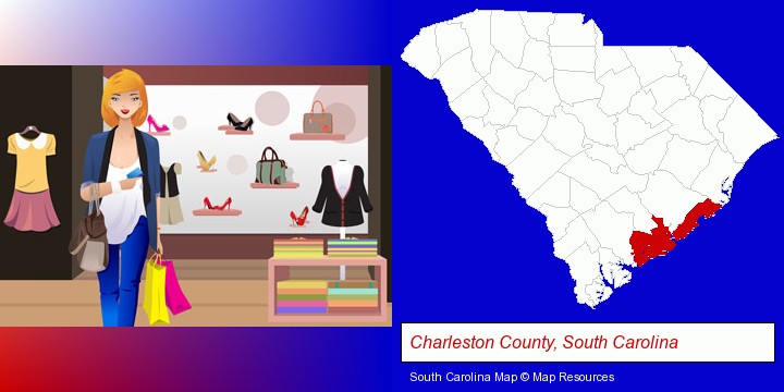 a woman shopping in a clothing store; Charleston County, South Carolina highlighted in red on a map