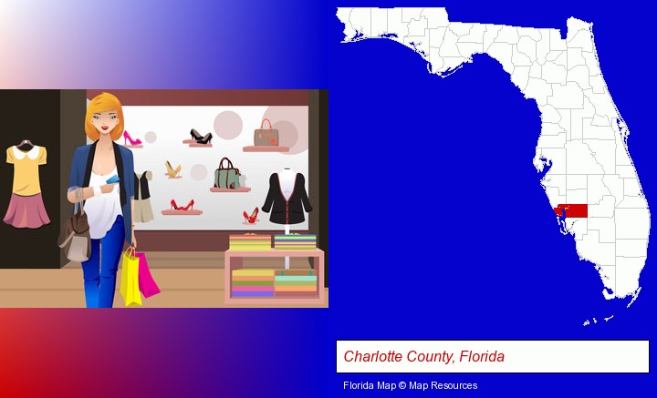 a woman shopping in a clothing store; Charlotte County, Florida highlighted in red on a map