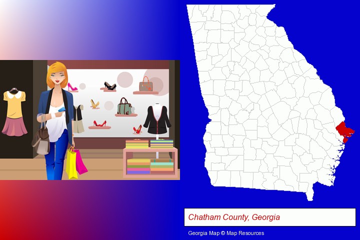 a woman shopping in a clothing store; Chatham County, Georgia highlighted in red on a map