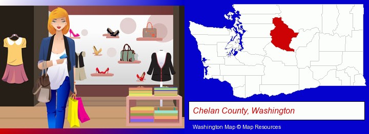 a woman shopping in a clothing store; Chelan County, Washington highlighted in red on a map