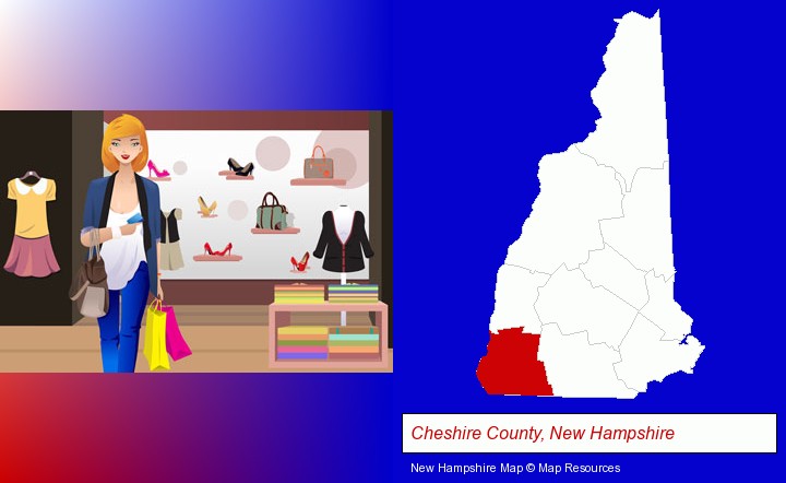 a woman shopping in a clothing store; Cheshire County, New Hampshire highlighted in red on a map