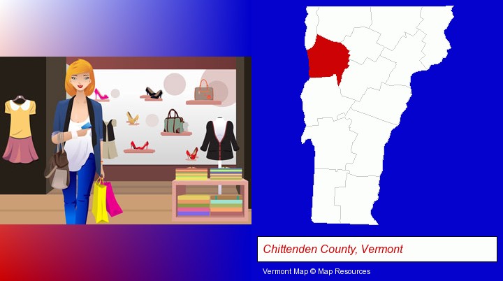 a woman shopping in a clothing store; Chittenden County, Vermont highlighted in red on a map