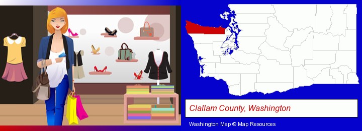 a woman shopping in a clothing store; Clallam County, Washington highlighted in red on a map