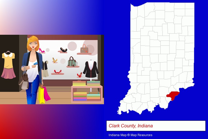 a woman shopping in a clothing store; Clark County, Indiana highlighted in red on a map