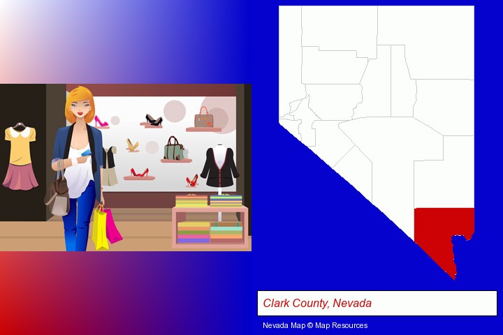 a woman shopping in a clothing store; Clark County, Nevada highlighted in red on a map