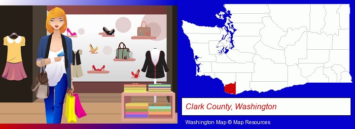 a woman shopping in a clothing store; Clark County, Washington highlighted in red on a map