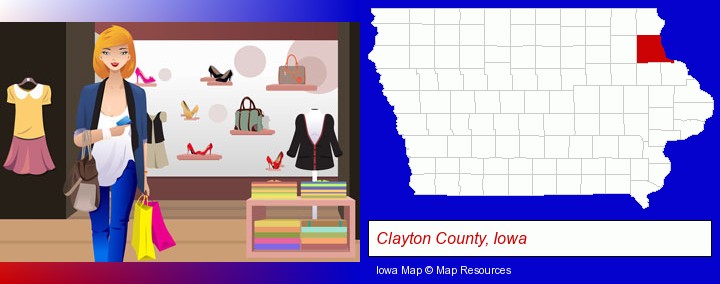 a woman shopping in a clothing store; Clayton County, Iowa highlighted in red on a map