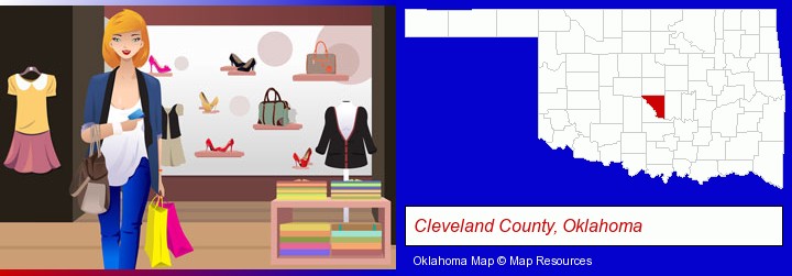 a woman shopping in a clothing store; Cleveland County, Oklahoma highlighted in red on a map