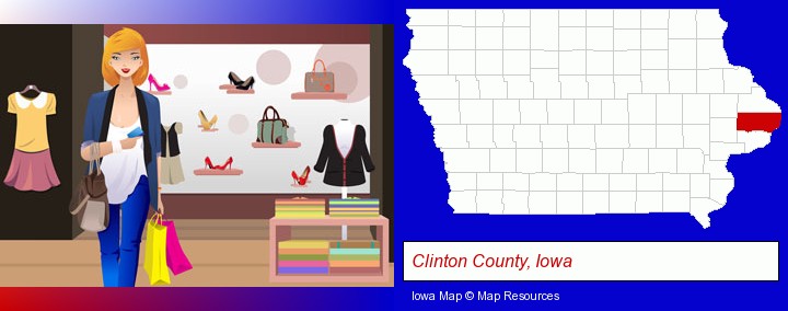 a woman shopping in a clothing store; Clinton County, Iowa highlighted in red on a map