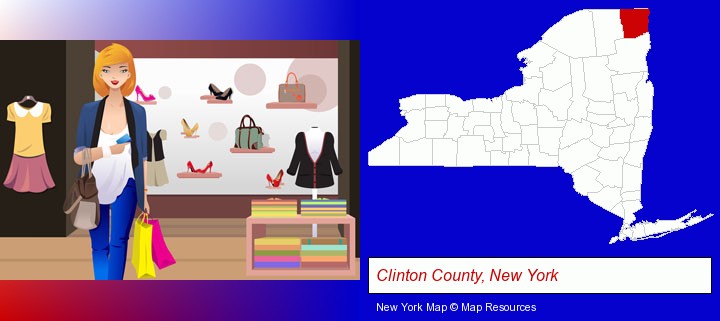 a woman shopping in a clothing store; Clinton County, New York highlighted in red on a map